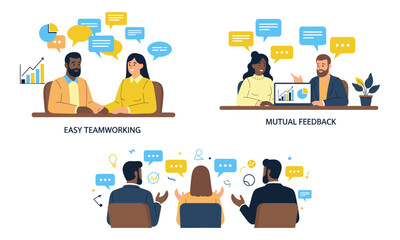 Collaborative Communication and Feedback in Business Settings.  Illustrations of business collaboration: easy teamwork, mutual feedback, and discussions with speech bubbles and data.