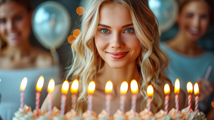 Young woman celebrating birthday with lit candles on cake and friends in festive atmosphere