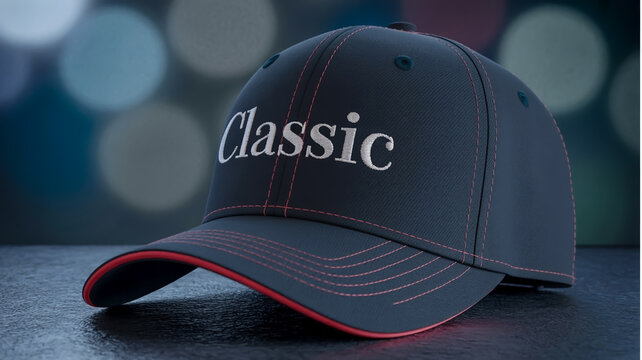 A professional product photograph of a black baseball cap with red contrast stitching and trim against a blurred bokeh background.