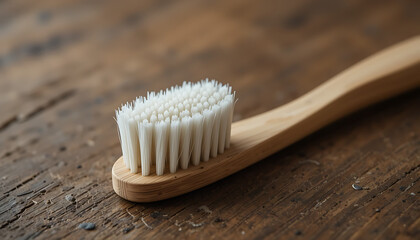 toothbrush with toothpaste on white background, A close-up of a toothbrush with a wooden handle on a rustic surface, featuring fine textures in HD and 4K.