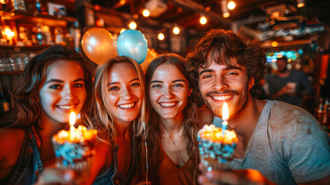 Group of friends celebrating with birthday cupcakes and candles in a festive atmosphere