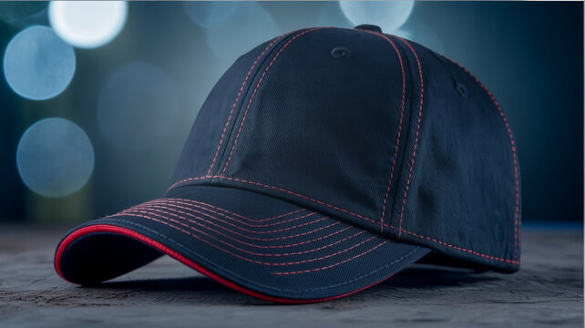 A professional product photograph of a black baseball cap with red contrast stitching and trim against a blurred bokeh background.