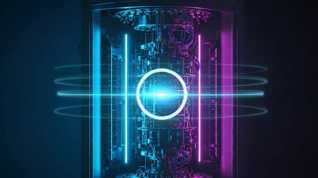Quantum computer core glowing neon, dark lab