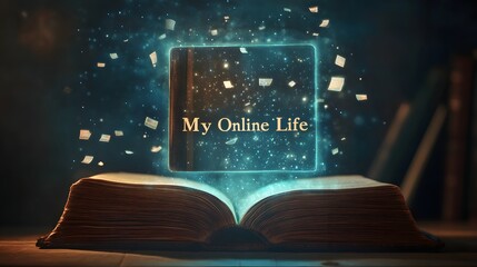 Enchanted Book with Floating Text Illustrating Digital Journey