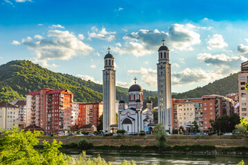 The town of Zvornik with the Cathedral of the Nativity of the Most Holy Mother of God, Bosnia and Herzegovina