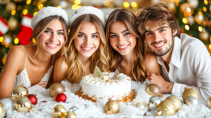 Group of friends celebrating holiday season with cake and decorations in festive atmosphere