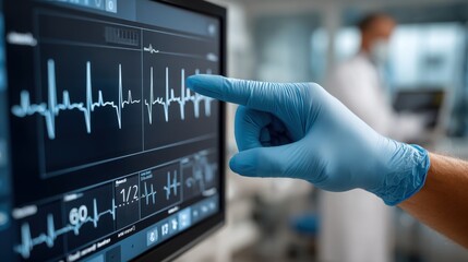 Monitor displaying EKG data with pointing gloved hand and background figure.