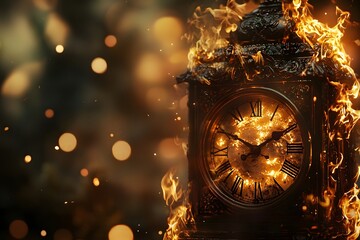 Vintage Clock Surrounded by Flames with Sparkling Light Effects