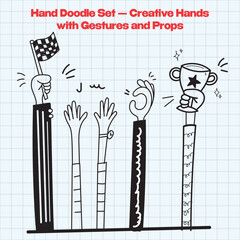 Hand Drawn Doodle Cover with Raised Hands and Symbols. Playful black and white doodle illustration featuring raised cartoon hands holding signs and pointing upward. 