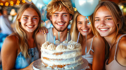 Group of young friends celebrating birthday with cake and balloons in festive atmosphere