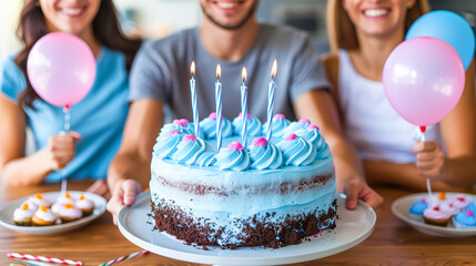Group of friends celebrating birthday with cake, balloons, and joyful atmosphere in home setting