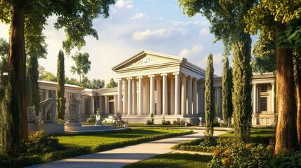 Fototapeta premium Serene Grecian Temple Architecture in Lush Gardens
