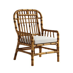 Elegant vintage bamboo armchair with white cushion isolated on transparent background