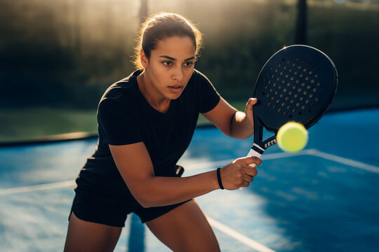 Young woman playing padel tennis, beautiful focused female paddle athlete on the court, swinging the racket toward a flying yellow ball. Motion, precision, competition atmosphere and summertime energy