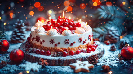 Festive cake decorated with berries and candles on a snowy table with holiday ornaments