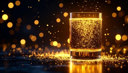 Glowing Glass of Effervescent Liquid with Floating Oil and Golden Light from Below, Illuminated in a Dark Background with Bubbles and Reflections, Macro Artistic Shot