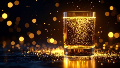 Glowing Glass of Effervescent Liquid with Floating Oil and Golden Light from Below, Illuminated in a Dark Background with Bubbles and Reflections, Macro Artistic Shot