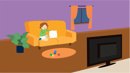 Illustration of a boy reading a book while sitting on a sofa