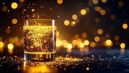 Glowing Glass of Effervescent Liquid with Floating Oil and Golden Light from Below, Illuminated in a Dark Background with Bubbles and Reflections, Macro Artistic Shot