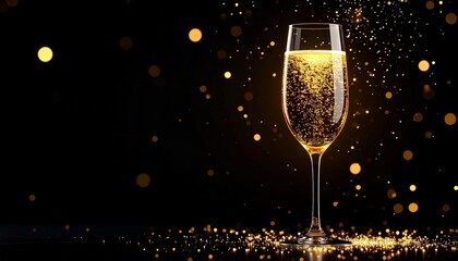 Glowing Glass of Effervescent Liquid with Floating Oil and Golden Light from Below, Illuminated in a Dark Background with Bubbles and Reflections, Macro Artistic Shot