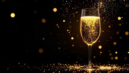 Glowing Glass of Effervescent Liquid with Floating Oil and Golden Light from Below, Illuminated in a Dark Background with Bubbles and Reflections, Macro Artistic Shot
