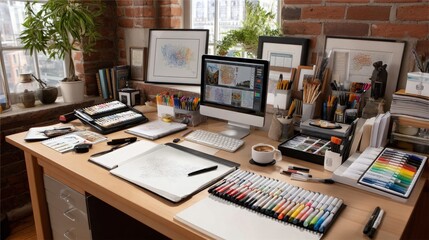 Naklejka premium Artist's Desk with Computer, Art Supplies, and Framed Artwork