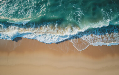 Aerial view of ocean waves crashing on sandy beach, creating serene and calming atmosphere