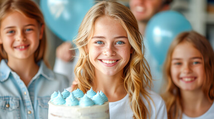 Young girl celebrating birthday with cake and friends in festive atmosphere with balloons