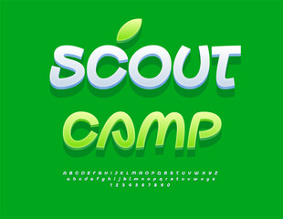 Vector Recreational sign Scout Camp. Exclusive White 3D Font. Set of Trendy Alphabet Letters and Numbers