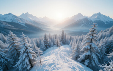 Breathtaking winter landscape with snow covered mountains and trees, evoking tranquility