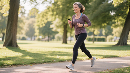 Middle-aged woman staying active with brisk walking and wearable technology, highlighting exercise benefits during perimenopausal stage