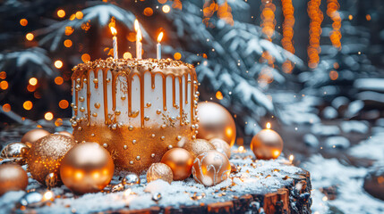 Festive cake with golden decorations and candles surrounded by ornaments in winter setting