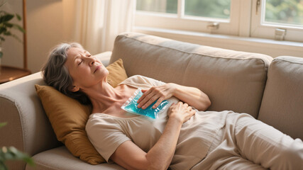 Natural relief for hot flashes – woman applying cooling pack while relaxing in airy room during hormone-related heat wave
