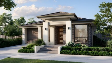 exterior render of stylish single-story home, concrete pathway leads to entrance, low hedge front design, 3D render isometric