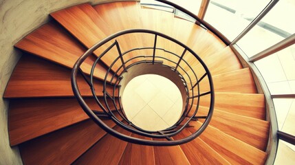 Obraz premium Spiral wooden staircase, looking down at the center, with a metal handrail