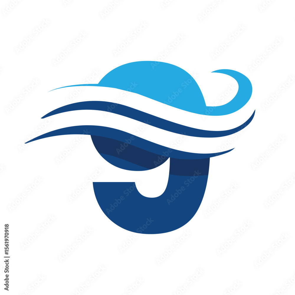 Poster The image shows a flat logo design that depicts a number 9 in blue color combination with three wavy lines cut through the number like a wave that looks clan and modern on a white background