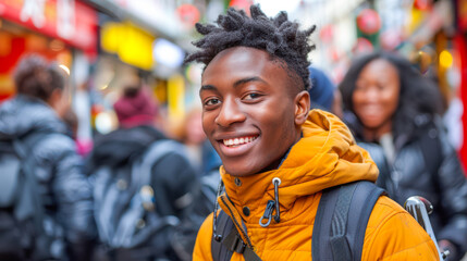 Young African American man smiling in vibrant urban street with blurred background activity