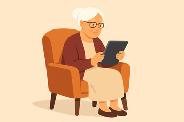 Elderly woman using tablet while sitting in armchair for digital communication and learning concept