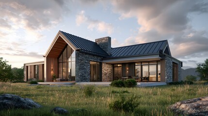 Fototapeta premium serene modern home exterior under cloudy sky, surrounded by natural textures and green lawn, 3D render isometric