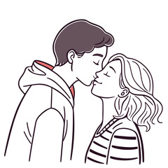 A couple kisses lovingly, holding each other close in a clean black-and-white line art style, expressing pure romance.