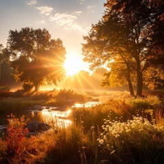 Glowing sunrise over river in autumn meadow with golden trees and soft misty atmosphere