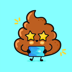 A funny cartoon poop emoji with star eyes taking a selfie with a tablet.