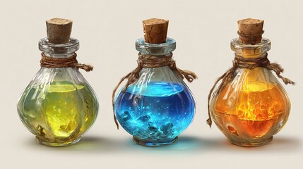 Three potion bottles with corks on a plain backdrop used for alchemy illustrations
