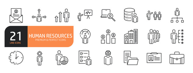 Set of line icons related to Human Resources, Recruitment, Employment, business, office, company, and management and more. Outline icons collection. Editable stroke. Vector illustration.