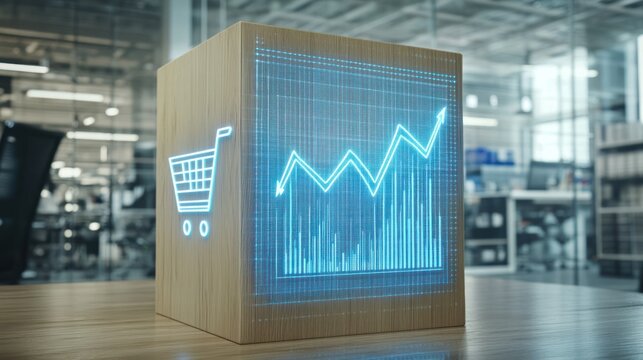 Wooden cube displays glowing sales graph, shopping cart icon.  Modern retail analysis visualization - Powered by Adobe