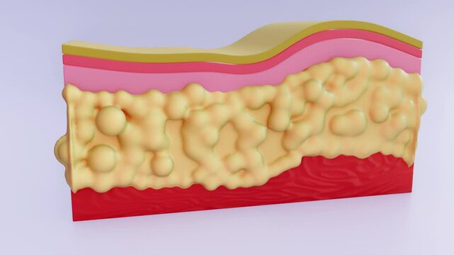 A 3D animation depicting a cross-section of skin, focusing on the fat layer (subcutaneous tissue or hypodermis). The representation of skin anatomy is simplified and illustrative.