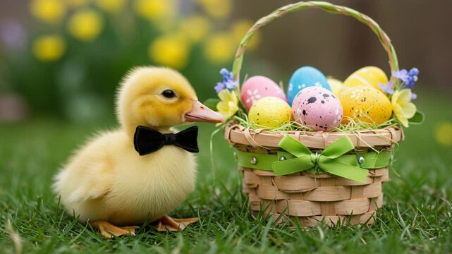 Cute Duckling Beside Colorful Easter Basket on Spring Day
