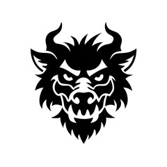 Silhouette of a horned beast head in black and white