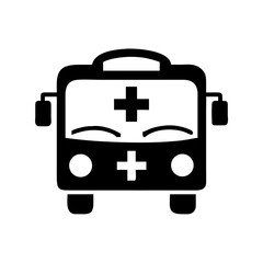A black and white ambulance front view with crosses icon