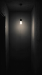 小さくて暗い部屋に吊るされた電球が、裸の壁を柔らかな光で照らし、ミニマルで孤立した雰囲気、リアルな照明と影。